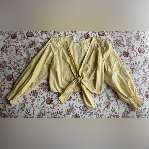 Abercrombie Butter Yellow Puff Sleeve Tie Front Crop Top Medium Boho Classic - Picture 4 of 9
